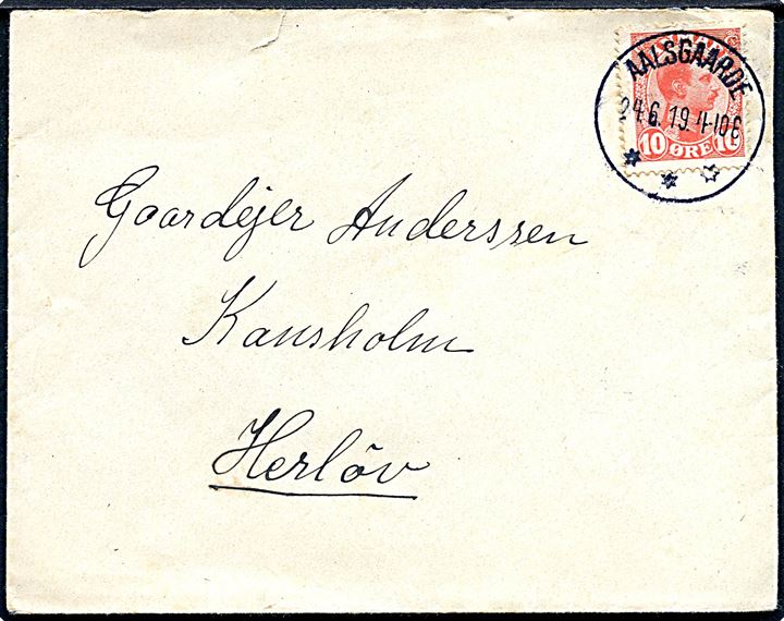 10 øre Chr. X på brev annulleret med brotype IIIb Aalsgaarde d. 24.6.1919 til Herløv.