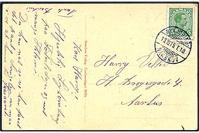 5 øre Chr. X på brevkort fra Nakskov annulleret med bureaustempel Nykjøbing - Nakskov T.10 d. 13.10.1915 til Aarhus.
