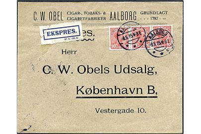 10 øre Chr. X i 3-stribe på ekspresbrev fra Aalborg d. 8.5.1915 til København.
