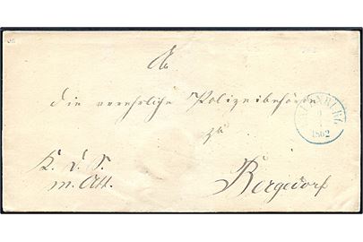 1862. Ufrankeret tjenestebrev mærket K.d.S.m.Att. med blåt antiqua Lauenburg d. 9.4.1862 til Bergedorf. På bagsiden ank.stemplet BERGEDORF d. 9.4.1862.