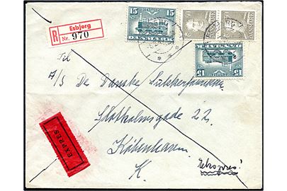 15 øre DSB Jubilæum (2) og 50 øre Chr. X (par) på anbefalet ekspresbrev fra Esbjerg d. 6.2.1948 til København. På bagsiden stemplet Forsøgt aflev. / Lukket.