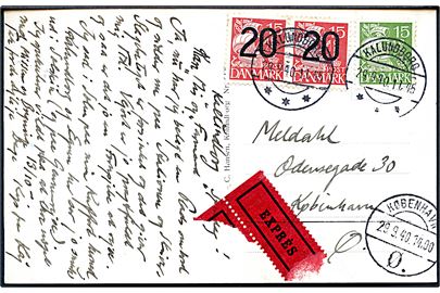 15 øre Karavel og 20/15 øre Provisorium i parstykke på brevkort (Kongstrup Klinter) sendt som ekspres fra Kalundborg d. 29.9.1940 til København.