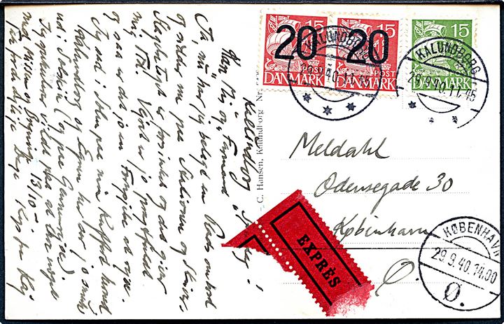 15 øre Karavel og 20/15 øre Provisorium i parstykke på brevkort (Kongstrup Klinter) sendt som ekspres fra Kalundborg d. 29.9.1940 til København.