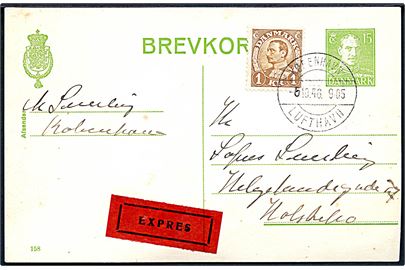 15 øre Chr. X helsagsbrevkort (fabr. 158) opfrankeret med 1 kr. Chr. X sendt som ekspres og annulleret brotype IId København Lufthavn d. 5.10.1946 til Holstebro.