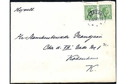5 øre Chr. X i parstykke på brev med fortrykt brevpapir Chefen for Kystforsvarsskibet Herluf Trolle i Korsør d. 30.6.1918 til København. Sendt fra skibschefen kommandør Hector Kiær.