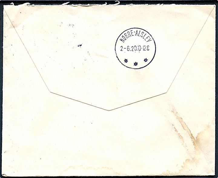 15 øre Chr. X på brev med indhold dateret kystforsvarsskibet Olfert Fischer i Hundested annulleret med brotype IIIb Lynæs d. 2.6.1920 til Nørre-Alslev.