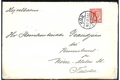 10 øre Chr. X på fortrykt kuvert med indhold fra Chefen for Krydseren Heimdal dateret i Storebælt og stemplet Hou d. 18.7.1917 til Nørre-Alslev. Sendt fra kommandør Hector Kiær.