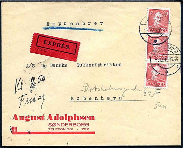 20 øre Chr. X i 3-stribe på ekspresbrev fra Sønderborg d. 9.12.1943 til København.