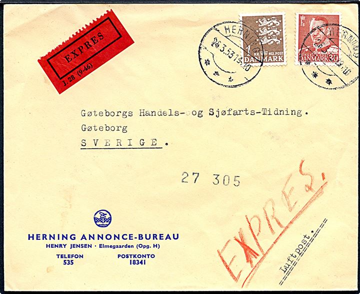 30 øre Fr. IX og 1 kr. Rigsvåben på ekspresbrev fra Herning d. 26.3.1953 til Göteborg, Sverige.