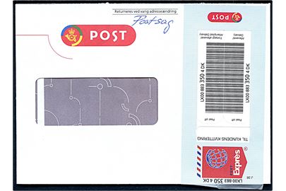 Postsags rudekuvert med Post Exprés stregkode fra Post Danmark Banegpårdspladsen R5 / 8010 d. 17.8.2000.