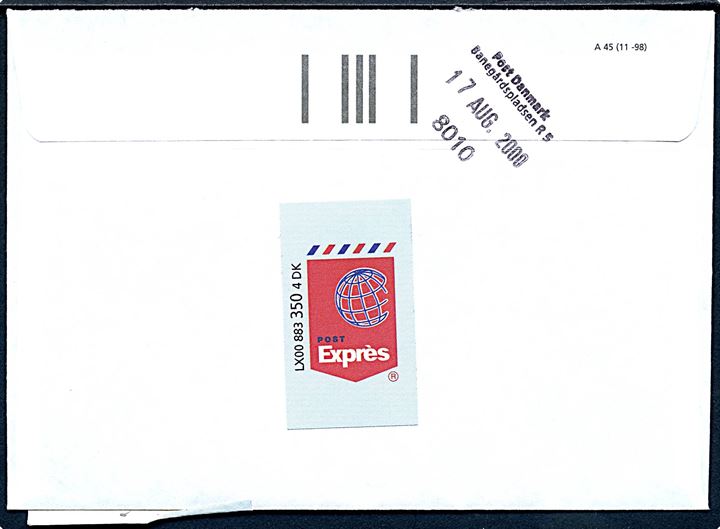 Postsags rudekuvert med Post Exprés stregkode fra Post Danmark Banegpårdspladsen R5 / 8010 d. 17.8.2000.
