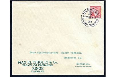 15 øre Tavsen på fortrykt kuvert fra Max Eltzholtz & Co. i Ringe annulleret med særstempel Danmark * Det Rullende Postkontor * d. 12.9.1936 til Hørsholm. Det rullende postkontor var opstillet i Ringe i dagene 11.-13.9.1936.