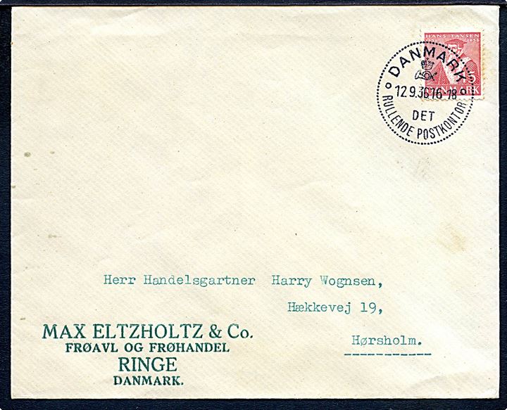15 øre Tavsen på fortrykt kuvert fra Max Eltzholtz & Co. i Ringe annulleret med særstempel Danmark * Det Rullende Postkontor * d. 12.9.1936 til Hørsholm. Det rullende postkontor var opstillet i Ringe i dagene 11.-13.9.1936.