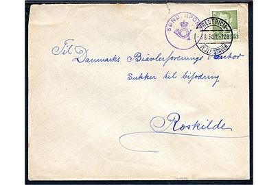 15 øre Fr. IX på brev annulleret med bureaustempel Fredericia - Vejle - Struer T.728 d. 3.8.1950 og sidestemplet med posthornstempel SØNDERPORT til Roskilde.