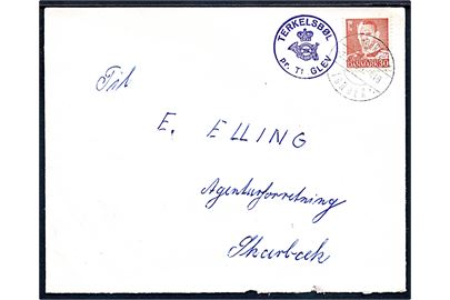 30 øre Fr. IX på brev annulleret med bureaustempel Sønderborg - Tønder .. T.419 d. 3.9.1958 og sidestemplet med posthornstempel TERKELSBØL pr. TINGLEV til Skærbæk. Stempel benyttet ca. 3 mdr. tidligere end registreret i Skilling.