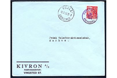 15 øre Karavel på brev annulleret med posthornstempel VINGSTED MØLLE BREDSTEN) og sidestemplet bureau Vejle - Grindsted T.7 d. 16.9.1935 til Aarhus