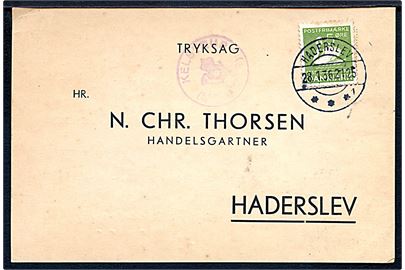 5 øre H. C. Andersen på tryksagskort annulleret Haderslev d. 28.1.1936 og sidestemplet med posthornstempel KELSTRUP (SDR. VILSTRUP) til Haderslev. Skilling 1200,-