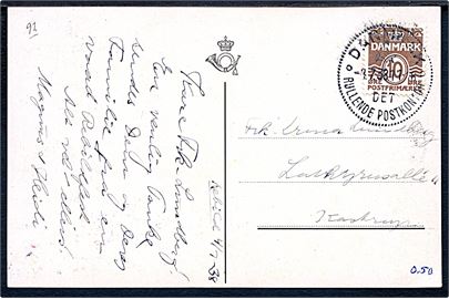 10 øre Bølgelinie på brevkort dateret Rebild og annulleret med særstempel Danmark * Det Rullende Postkontor * d. 4.7.1938 til Kastrup. Det rullende postkontor var opstillet i Skørping i forbindelse med Rebildfesten d. 4.7.1938.