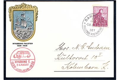 5 øre Thorvaldsen på tryksagskort annulleret med særstempel Danmark * Det Rullende Postkontor * d. 5.8.1939 til København. Fra 400 års byjubilæum i Nykøbing Falster.