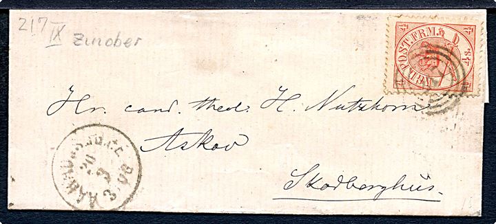 4 sk. Krone/Scepter på brev annulleret med nr.stempel 217 og sidestemplet lapidar Aarhus JB.P.E. d. 20.3. ca. 1869 via Kolding til Askov pr. Skodborghuus.