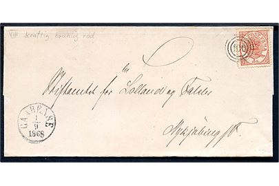 4 sk. Krone/Scepter på brev annulleret med nr.stempel 100 og sidestemplet antiqua Gaabense d. 1.9.1868 til Nykjøbing Falster. Postekspeditionen i Gaabense blev nedlagt pr. 22.8.1872 og flyttet til Nørre Alslev.