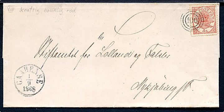 4 sk. Krone/Scepter på brev annulleret med nr.stempel 100 og sidestemplet antiqua Gaabense d. 1.9.1868 til Nykjøbing Falster. Postekspeditionen i Gaabense blev nedlagt pr. 22.8.1872 og flyttet til Nørre Alslev.