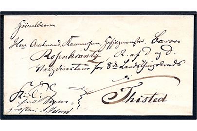 1854. Tjenestebrev mærket K.T. fra sognepræsten i Idom, på bagsiden 1½ ringsstempel Holstebroe.  d. 15.9.1854, til Hofjægermester Baron Rosenkrantz i Thisted.