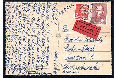 50 øre Christen Kold og 2 kr. Rigsvåben på ekspres brevkort fra København d. 6.10.1966 til Prag, Tjekkoslovakiet.