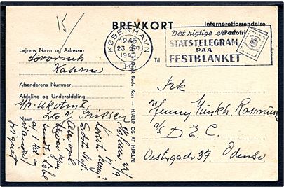 Fortrykt Interneretforsendelse brevkort fra underkvartermester interneret på Søværnets Kaserne, Holmen stemplet København d. 23.9.1943 til Odense.