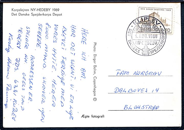 50 øre Dansk Samvirke på brevkort (Korpslejren NY-HEDEBY 1969) annulleret med spejder særstempel Kliplev / Ny- Hedeby / * Det Danske Spejderkorps * d. 1.8.1969 til Bloustrød.