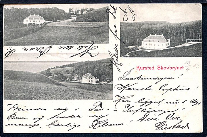 10 øre Våben på brevkort (Kursted Skovbrynet) annulleret med utydeligt stempel d. 11.4.1903 til Shanghai, Kina. Ank.stemplet Shanghai * Deutsche Post a d. 19.5.1903.