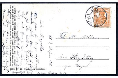 7½ pdg. Germania på brevkort annulleret Uk (Schleswig) d. 20.1.1918 til Woyens.