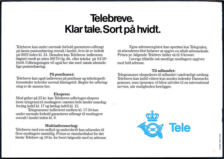 Telebrev. Reklamefolder fra Postvæsenet for det nye produkt Telebrev ca. 1986.