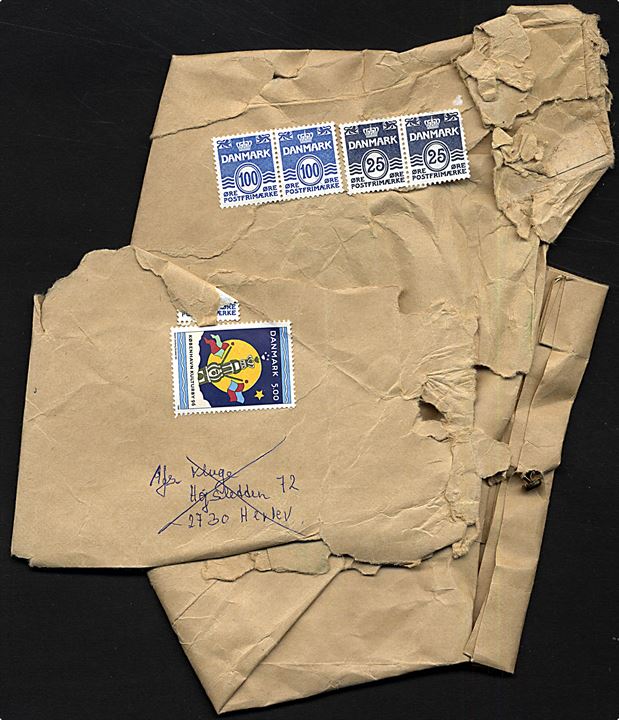 Blandingsfrankeret kraftigt beskadiget kuvert fra Herlev til Ringsted ilagt postsagskuvert med vedlagt skrivelse vedr. brevet fundet ved sprængt postkasse i Herlev d. 21.12.1996