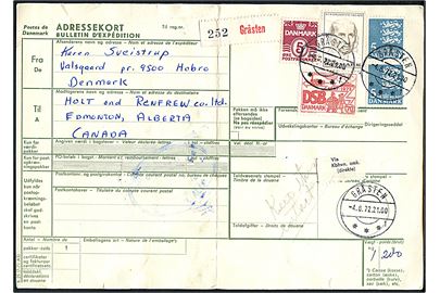 5 øre Bølgelinie, 70 øre DSB, 1 kr. Grundtvig og 5 kr. Rigsvåben (par) på internationalt adressekort for pakke fra Gråsten d. 4.8.1972 til Edmonton, Canada.
