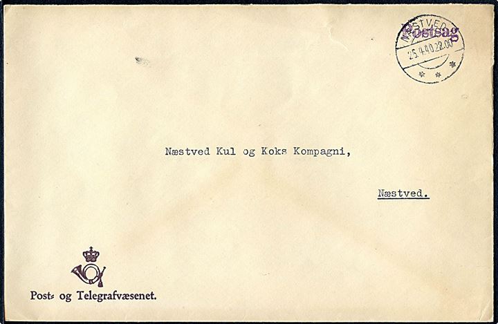 Postsagskuvert A.41 (11-38) sendt lokalt i Næstved d. 25.4.1940.