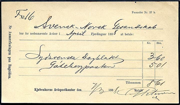 Kjøbenhavns Avispostkontor d. 7.3.1888. Avisregning formular Nr. 27 b for hhv. Sydsvenska Dagbladet og Göteborgposten til det Svensk-Norske Gesandtskab.
