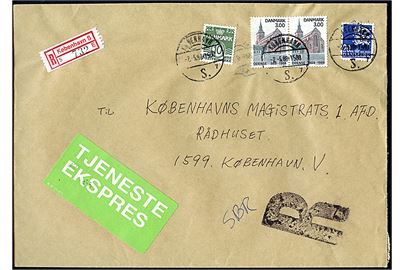 10 øre Bølgelinie, 3 kr. Odense 1000 år (par) og 20 øre Rigsvåben på anbefalet brev med grøn etiket Tjenesteekspres sendt lokalt i København d. 2.5.1988.