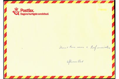 Postfax - Dagens hurtigste sendebud - postsagskuvert fra Århus C. Postkontor d. 9.4.1985. Noteret firmanavn og Afhentes. Sjælden forsendelsesart.