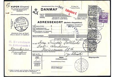 10 øre Bølgelinie (fold) og 50 øre Chr. X (4) på 210 øre frankeret internationalt adressekort for pakke fra København d. 3.10.1939 til Bad Nauheim, Tyskland.