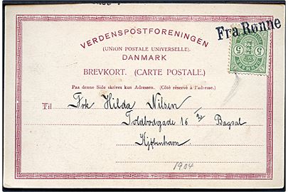 5 øre Våben på brevkort ca. 1904 annulleret Fra Rønne til København.