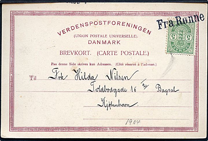 5 øre Våben på brevkort ca. 1904 annulleret Fra Rønne til København.
