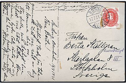15 øre Chr. X 60 år på brevkort dateret Sandvig annulleret med bureaustempel Rønne - Allinge T.32 d. 17.7.1931 til Stockholm, Sverige.