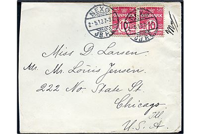 10 øre Bølgelinie i parstykke på brev annulleret Nexø JB.P.E. d. 2.5.1913 til Chicago, USA.