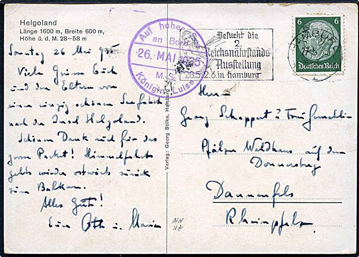 6 pfg. Hindenburg på brevkort (Tegning af Helgoland) stemplet Hamburg d. 27.5.1935 og sidestemplet Auf hoher See an Bord M.S. Königin Luise d. 26.5.1935 til Dannenfeld.