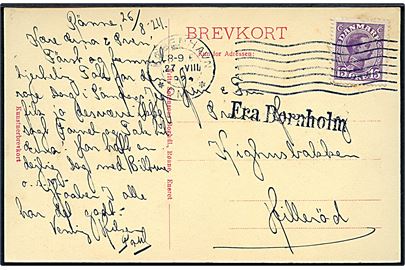 15 øre Chr. X på brevkort (Dams Hotel, Rønne) annulleret København d. 27.8.1924 og sidestemplet Fra Bornholm til Hillerød.