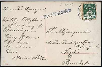 5 øre Bølgelinie på brevkort fra København annulleret Rønne d. 1.10.1913 og sidestemplet Fra Kjøbenhavn til Nexø.