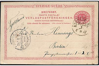 10 öre helsagsbrevkort dateret Uriksholm ved Stockholm annulleret med skibsstempel Ångbåts PXP No. 29 d. 1.8.1892 til Berlin, Tyskland. Dampskibspost på ruten Stockholm-Edsviken/Värmdö.
