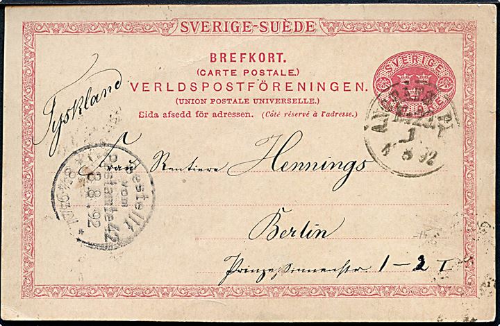 10 öre helsagsbrevkort dateret Uriksholm ved Stockholm annulleret med skibsstempel Ångbåts PXP No. 29 d. 1.8.1892 til Berlin, Tyskland. Dampskibspost på ruten Stockholm-Edsviken/Värmdö.