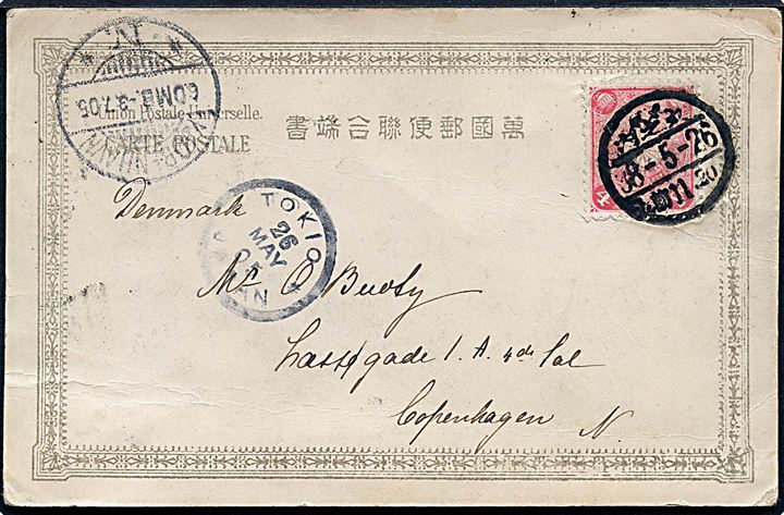 4 sn. på brevkort (Kampscene fra den Japansk-Russiske krig) fra Tokio d. 26.5.1905 til Kjøbenhavn, Danmark.